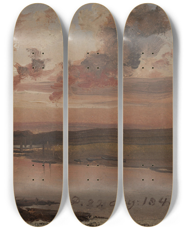 Triptych art skateboard deck of Johan Christian Dahl The Elbe In The Evening by Johan Christian Dahl (1788-1857)