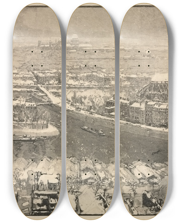 Triptych art skateboard deck of Auguste Louis Lepre Paris Under Snow by Auguste Louis Lepere (1849-1918)