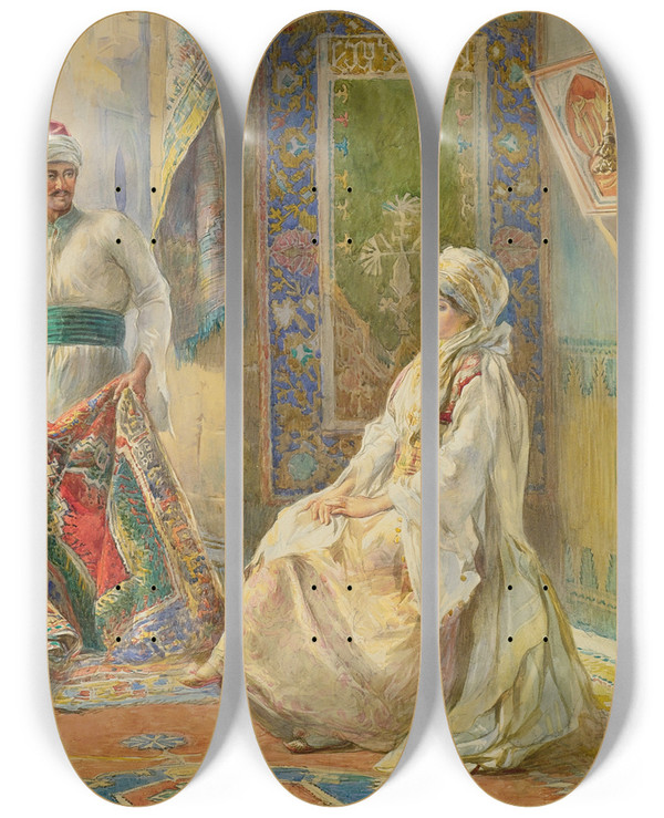 Triptych art skateboard deck of Amedeo Simonetti The Rug Merchant by Amedeo Simonetti (1874-1922)