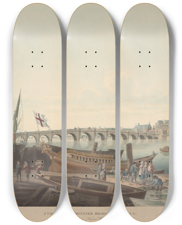 Triptych art skateboard deck of John William Edye A View Of Westminster Bridge The Abbey And Church by John William Edye