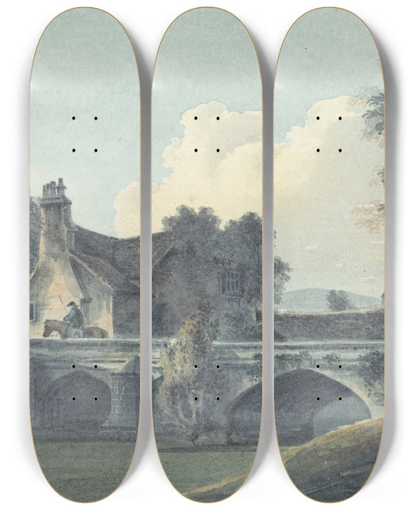 Triptych art skateboard deck of John Hassell The Entrance To King Johns Palace Eltham Kent by John Hassell (1767-1825)
