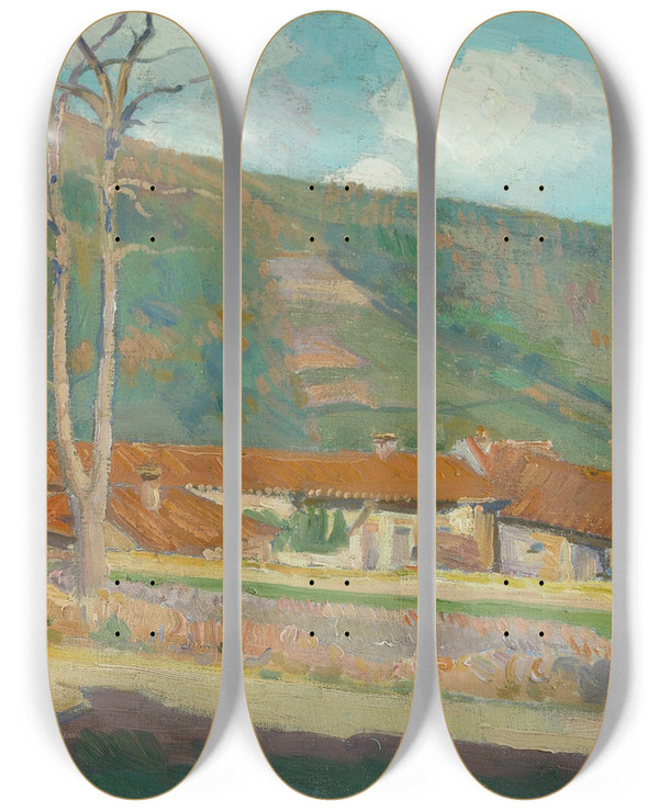 Triptych art skateboard deck of Hippolyte Petitjean Landscape Upper St Tropez by Hippolyte Petitjean (1854-1929)