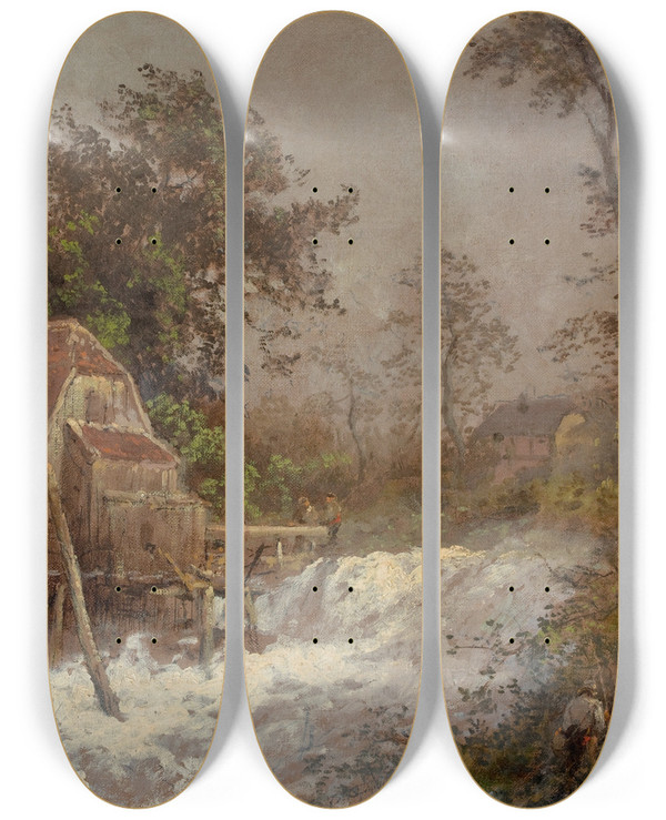Triptych art skateboard deck of Hermann Ottomar Herzog The Old Mill by Hermann Ottomar Herzog (1831-1932)
