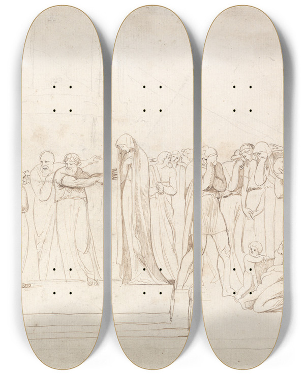 Triptych art skateboard deck of George Romney The Accusation Of Susanna By The Elders by George Romney (1734-1802)