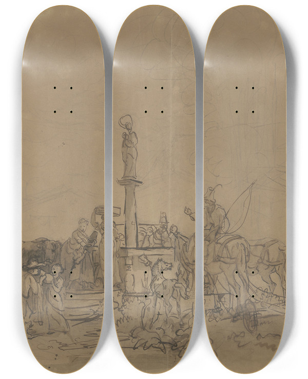 Triptych art skateboard deck of Friedrich Gauermann Tiroler Dorfbevlkerung Und Tiere Um Einen Brunnen Mit Dem Standbild Der Jungfrau Maria by Friedrich Gauermann (1807-1862)