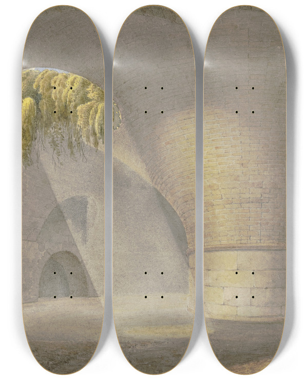 Triptych art skateboard deck of Georg Von Krieg Unterirdisches Gewlbe Mit Wachposten by Georg Von Krieg (19-)