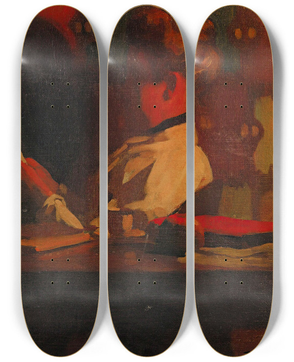 Triptych art skateboard deck of Thomas Pollock Anshutz Woman In An Interior Reading by Thomas Pollock Anshutz (1851-1912)