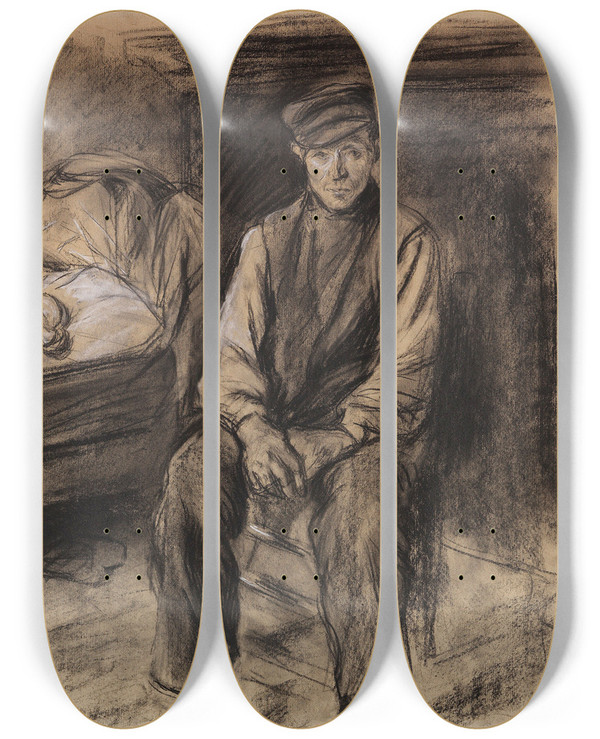 Triptych art skateboard deck of Max Liebermann Bauer An Der Wiege Der Witwer by Max Liebermann (1847-1935)