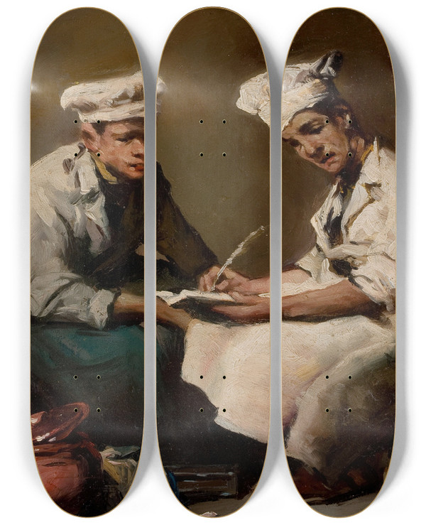 Triptych art skateboard deck of Thodule Ribot The Recipe by Theodule Ribot (1823-1891)