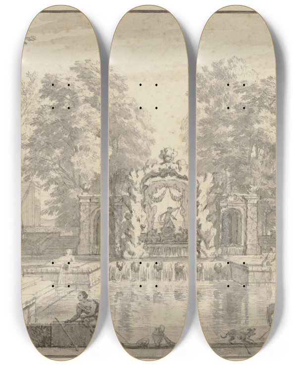 Triptych art skateboard deck of Isaac De Moucheron Wasserkunst In Einem Park In Der Mitte Ein Knstliches Felsentor Mit Einem Neptun Rechts Auf Dem Teich Eine Gondel by Isaac de Moucheron (1667-1744)