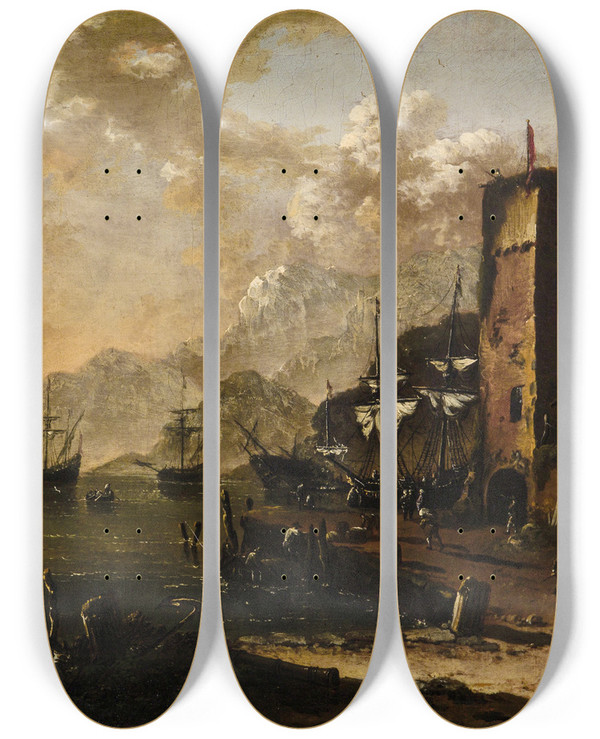 Triptych art skateboard deck of Johann Anton Eismann A Mediterranean Harbour With Ships by Johann Anton Eismann (1604-1698)