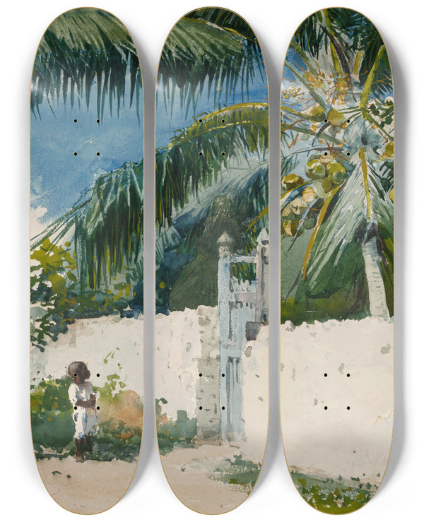 Triptych art skateboard deck of Winslow Homer A Garden In Nassau by Winslow Homer (1836-1910)