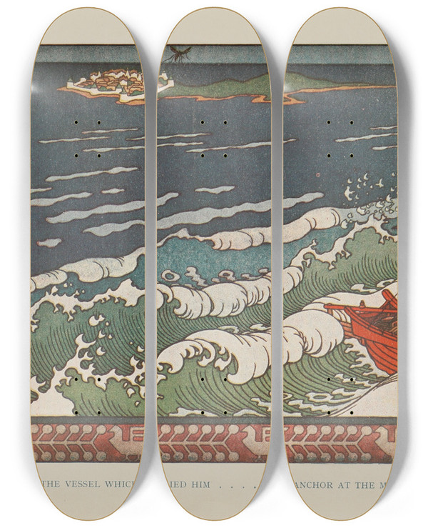 Triptych art skateboard deck of Ivan Bilibin The Vessel Which Carried Him by Ivan Bilibin (1876-1942)