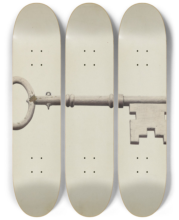 Triptych art skateboard deck of Henry Tomaszewski Shop Sign Key by Henry Tomaszewski