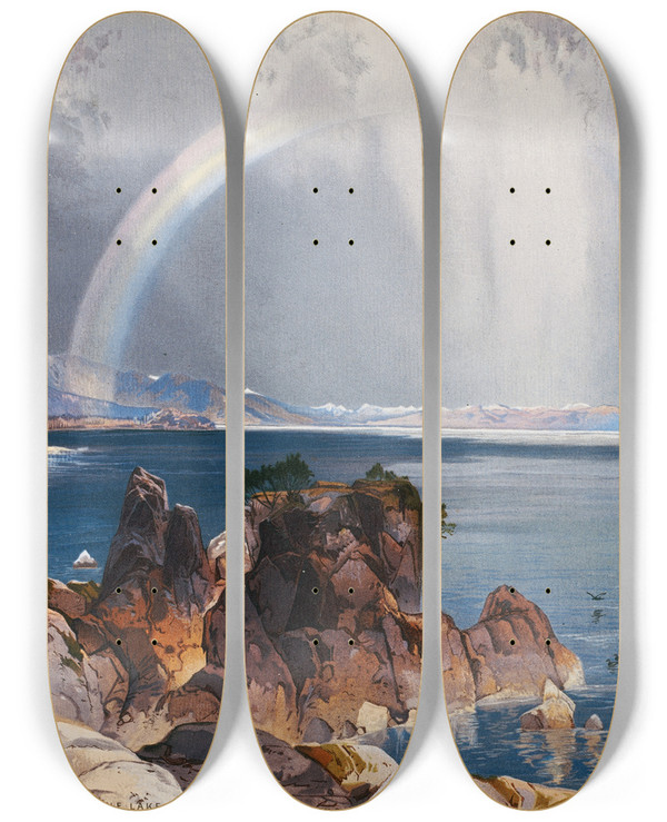 Triptych art skateboard deck of Thomas Moran Yellowstone Lake_1 by Thomas Moran (1837-1926)
