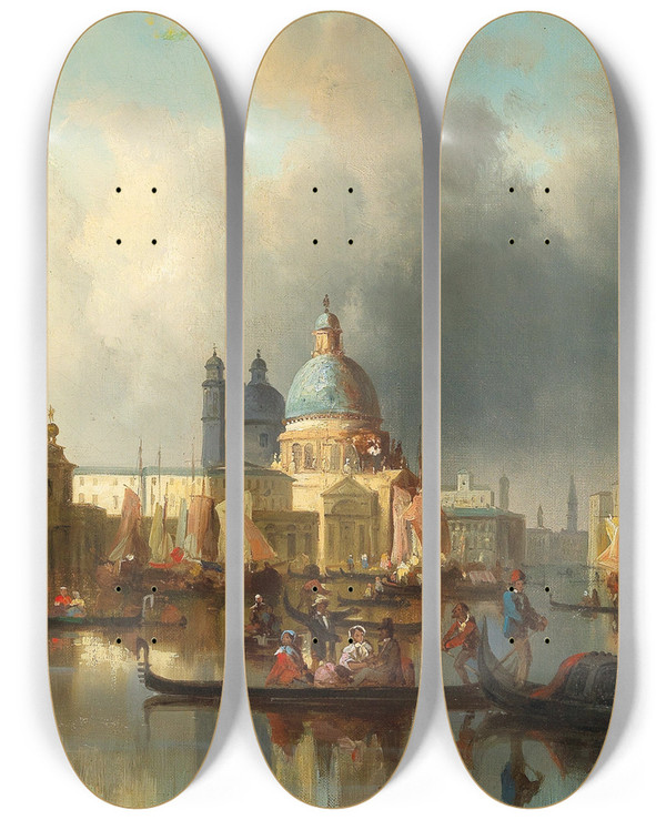 Triptych art skateboard deck of Josef Carl Berthold Pttner Venice Hustle And Bustle By The Punta Della Dogana And Santa Maria Della Salute by Josef Carl Berthold Puttner (1821-1881)