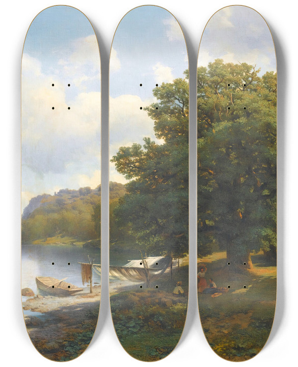 Triptych art skateboard deck of Mikhail Spiridonovich Erassi On The Lake Shore by Mikhail Spiridonovich Erassi 2 (1823)