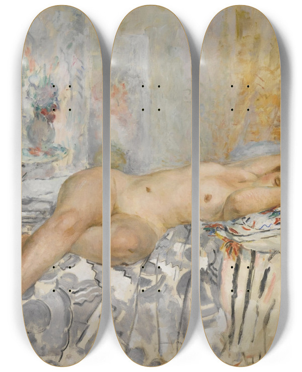 Triptych art skateboard deck of Henri Lebasque Nu Allong Au Coussin Espagnol by Henri Lebasque (1865-1937)
