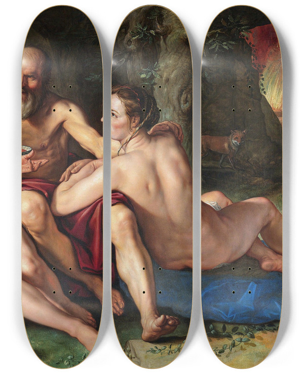 Triptych art skateboard deck of Hendrick Goltzius Lot And His Daughters by Hendrick Goltzius (1558-1617)