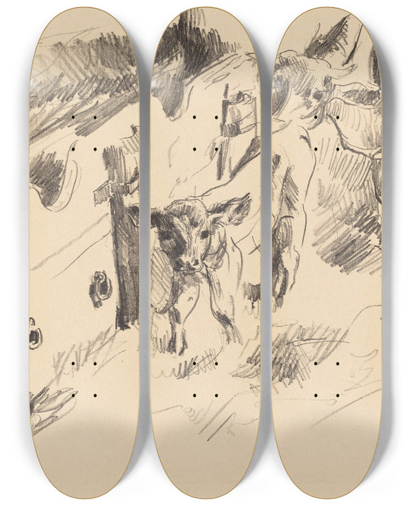 Triptych art skateboard deck of Lovis Corinth Calves Klber by Lovis Corinth (1858-1925)
