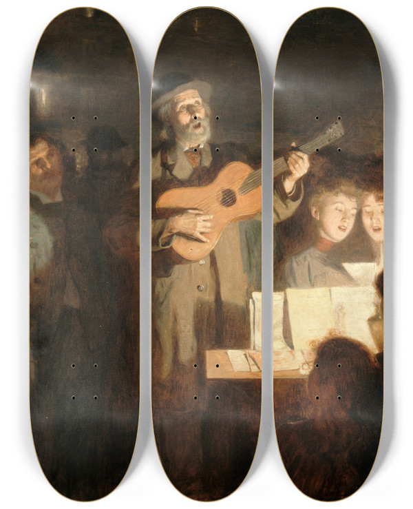 Triptych art skateboard deck of Victor Gabriel Gilbert Le Marchand De Chansons by Victor Gabriel Gilbert (1847-1933)