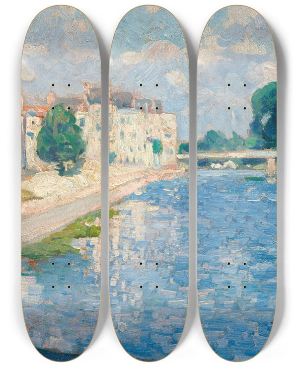 Triptych art skateboard deck of Henri Lebasque La Marne Lagny by Henri Lebasque (1865-1937)