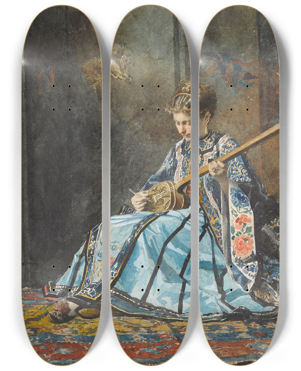 Triptych art skateboard deck of Alexandrelouis Leloir The Lute Player by Alexandre-Louis Leloir (1843-1884)