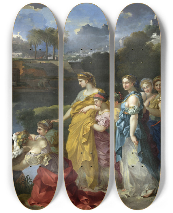 Triptych art skateboard deck of Sbastien Bourdon The Finding Of Moses by Sebastien Bourdon (1616-1671)