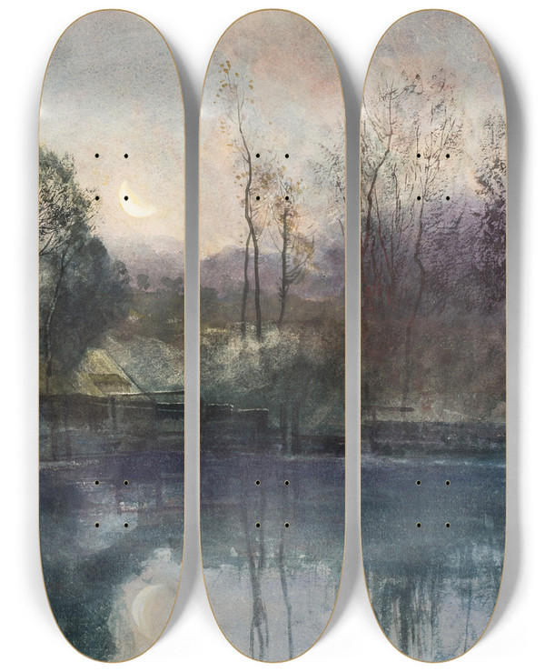 Triptych art skateboard deck of Johan Ericson Moonlight by Johan Ericson (1849-1925)