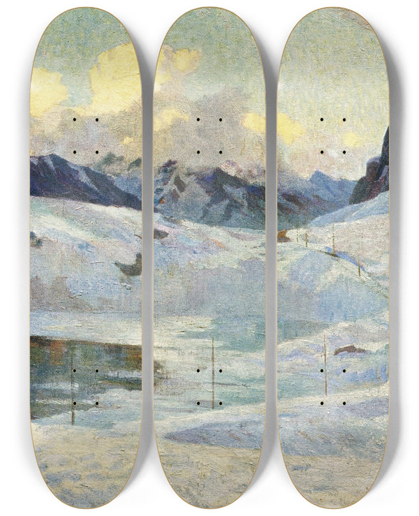 Triptych art skateboard deck of Wilhelm Ludwig Lehmann Berninapasshhe by Wilhelm Ludwig Lehmann (1861-1932)