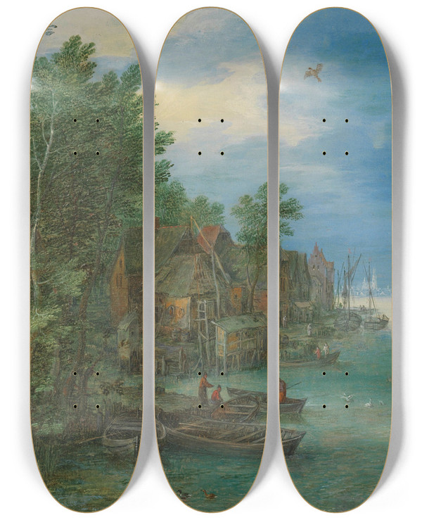 Triptych art skateboard deck of Jan Brueghel The Elder View Of A Village Along A River by Jan Brueghel The Elder (1568-1625)