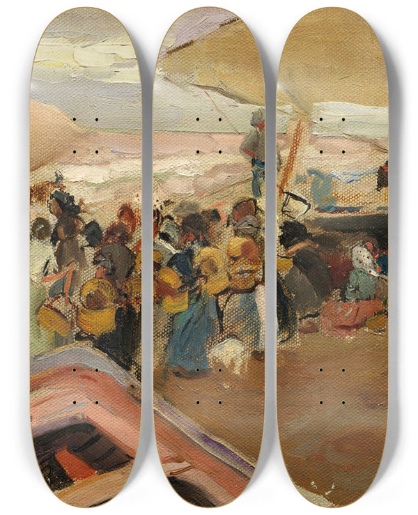 Triptych art skateboard deck of Joaqun Sorolla Vuelta De La Pesca Return Of The Catch by Joaquin Sorolla (1863-1923)