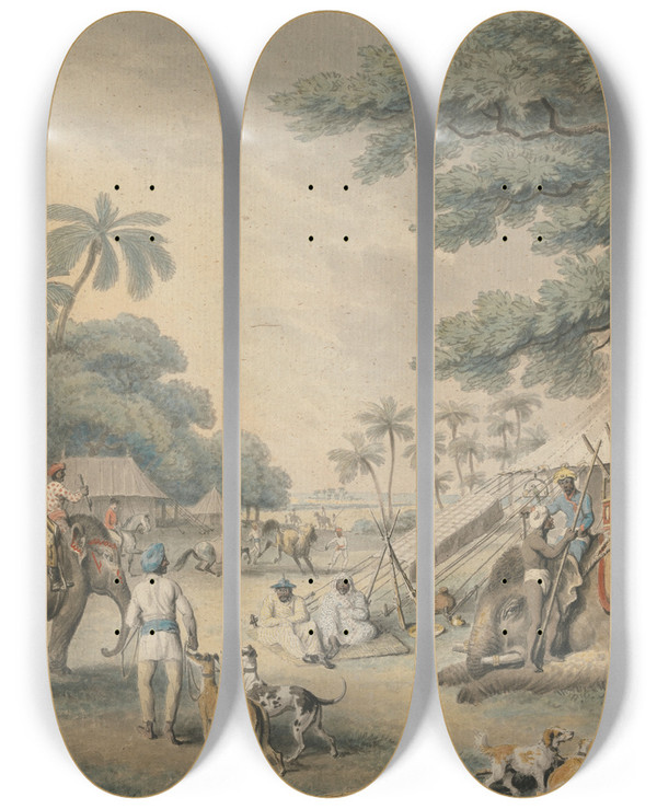 Triptych art skateboard deck of Samuel Howitt Going Out In The Morning by Samuel Howitt (1756-1822)
