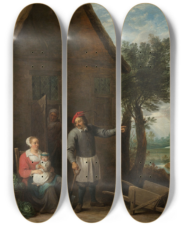 Triptych art skateboard deck of David Teniers The Younger Husbandman At A Cottage Door With A Seated Woman And Child by David Teniers The Younger (1610-1690)