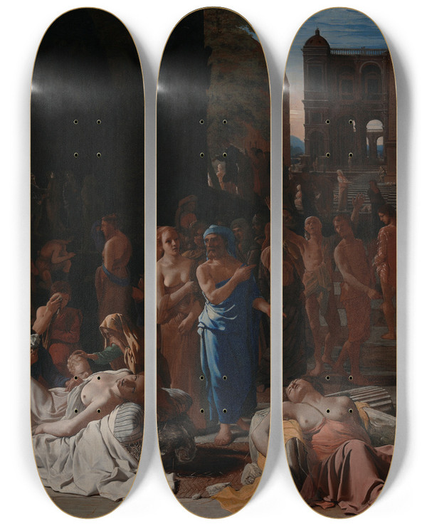 Triptych art skateboard deck of Michael Sweerts Plague In An Ancient City by Michael Sweerts (1618-1664)
