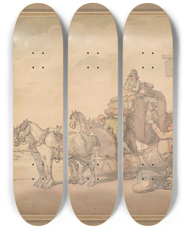 Triptych art skateboard deck of Thomas Rowlandson The Ship Inn by Thomas Rowlandson (1756-1827)