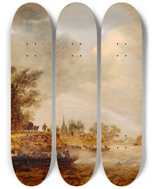 Triptych art skateboard deck of Jan Van Goyen A Windy Day by Jan Van Goyen (1596-1656)