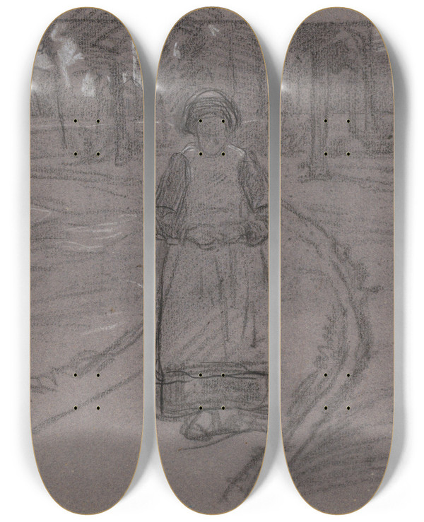 Triptych art skateboard deck of Jan Veth Boerenvrouw Op Een Pad In Een Boomrijke Omgeving by Jan Veth (1864-1925)