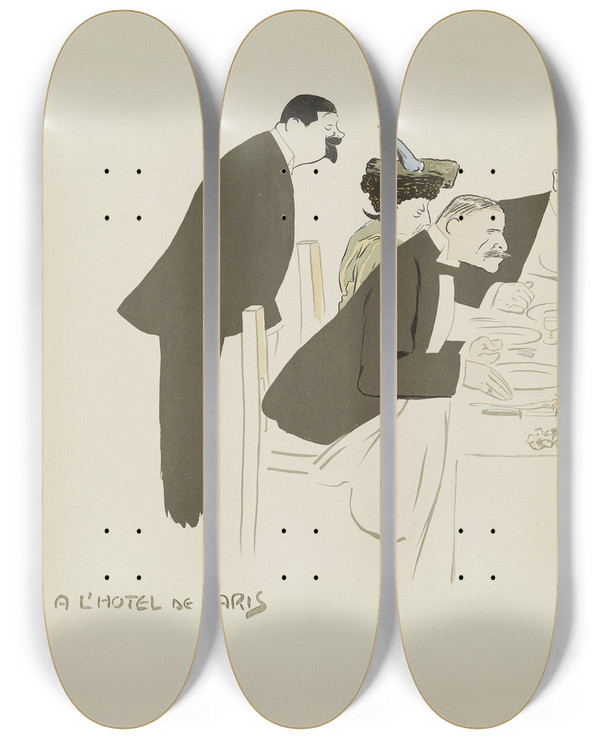 Triptych art skateboard deck of Georges Goursat Sem A Lhtel De Paris_3 by Georges Goursat (Sem) (1863-1934)