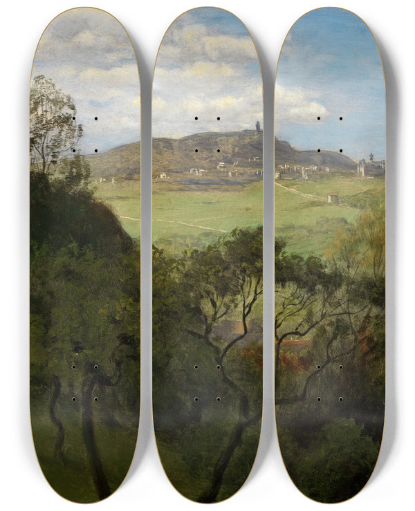 Triptych art skateboard deck of Hans Thoma Blick Auf Falkenstein Im Taunus by Hans Thoma (1839-1924)