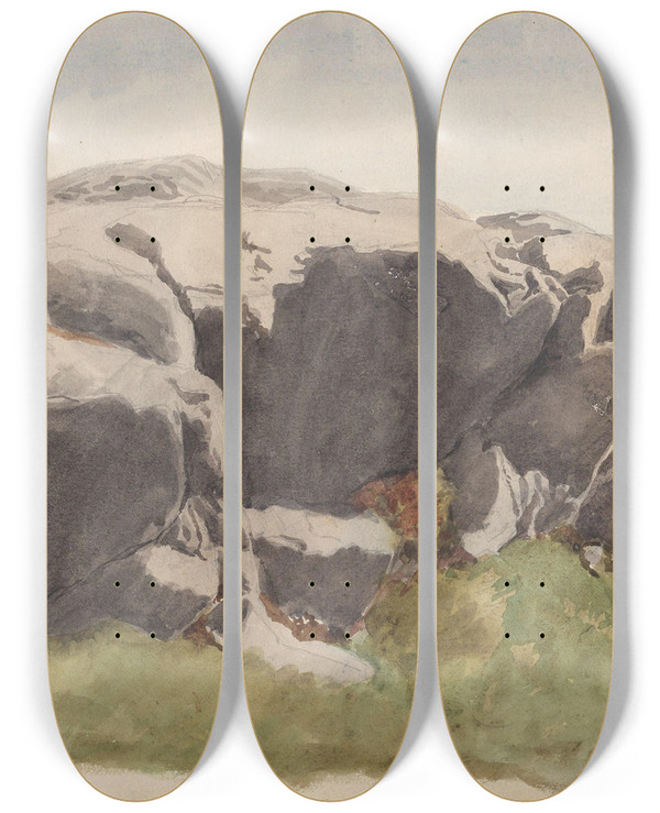 Triptych art skateboard deck of Hans Gude Klippe by Hans Gude (1825-1903)