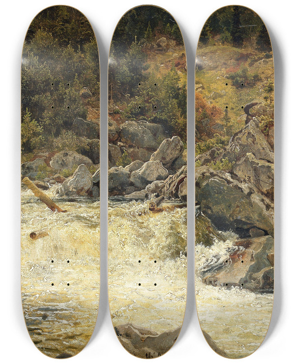 Triptych art skateboard deck of Hans Gude Waterfall In Hallingdal_1 by Hans Gude (1825-1903)