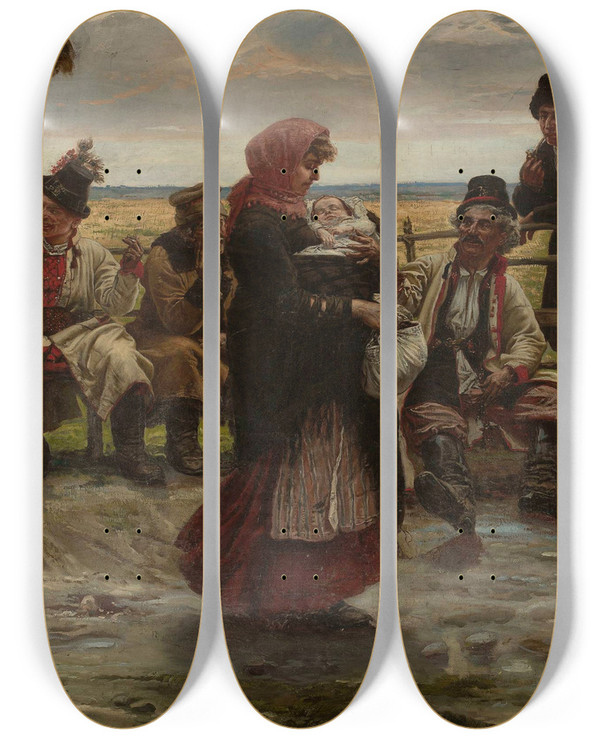 Triptych art skateboard deck of Jzef Unierzyski At The Entrance To A Tavern by Jozef Unierzyski (1863-1948)