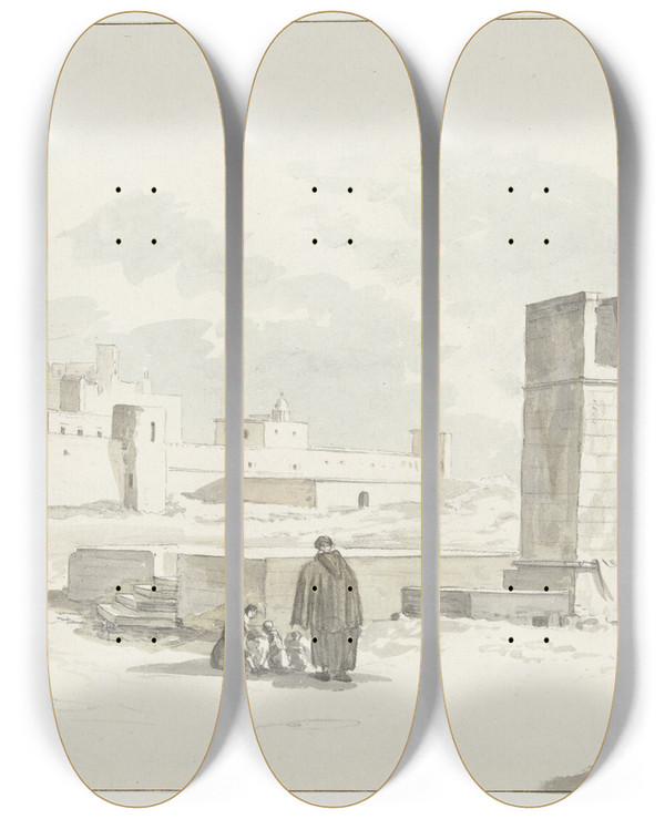 Triptych art skateboard deck of Abrahamlouisrodolphe Ducros Stadsgezicht In Giovenazzo by Abraham-Louis-Rodolphe Ducros (1748-1810)