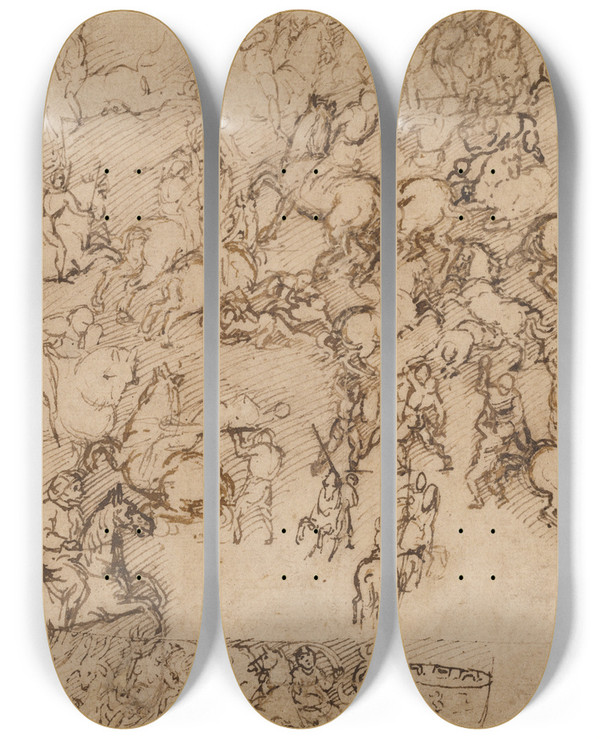 Triptych art skateboard deck of Girolamo Genga Battle Scene_1 by Girolamo Genga (1476-1551)