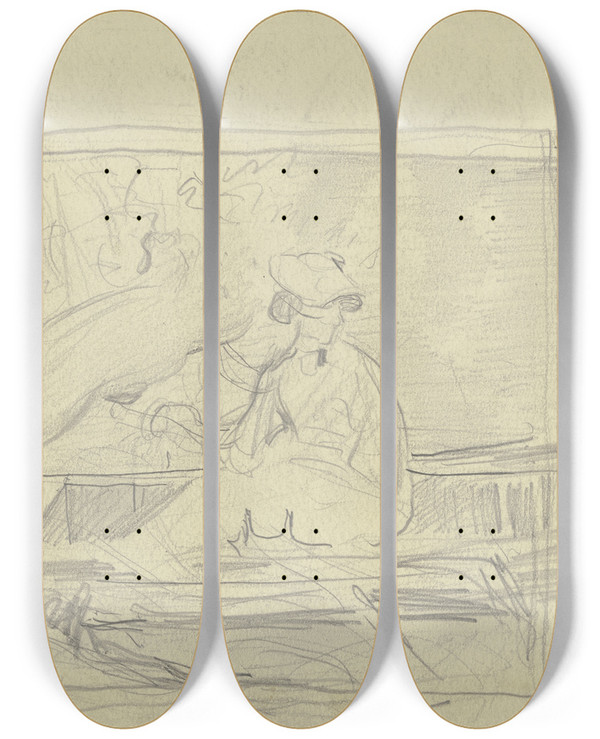 Triptych art skateboard deck of Otto Scholderer Luise Scholderer Im Nachen Sitzend by Otto Scholderer (1834-1902)