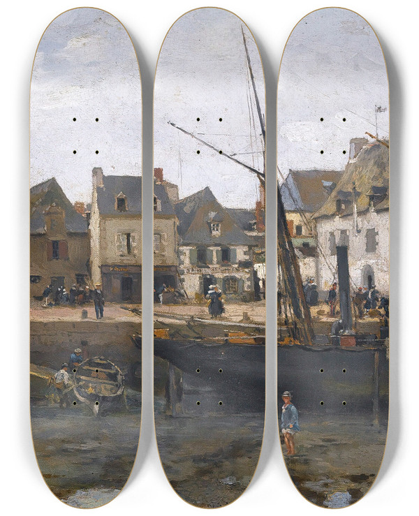 Triptych art skateboard deck of Alexander Karlovich Beggrov View Of Concarneau by Alexander Karlovich Beggrov (1841-1914)
