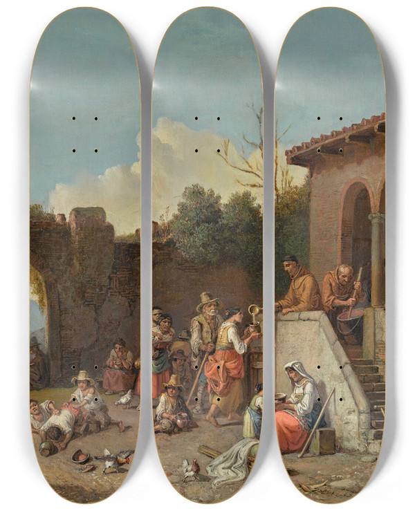 Triptych art skateboard deck of Heinrich Brkel Soup Kitchen In The Monastery by Heinrich Burkel (1802-1869)