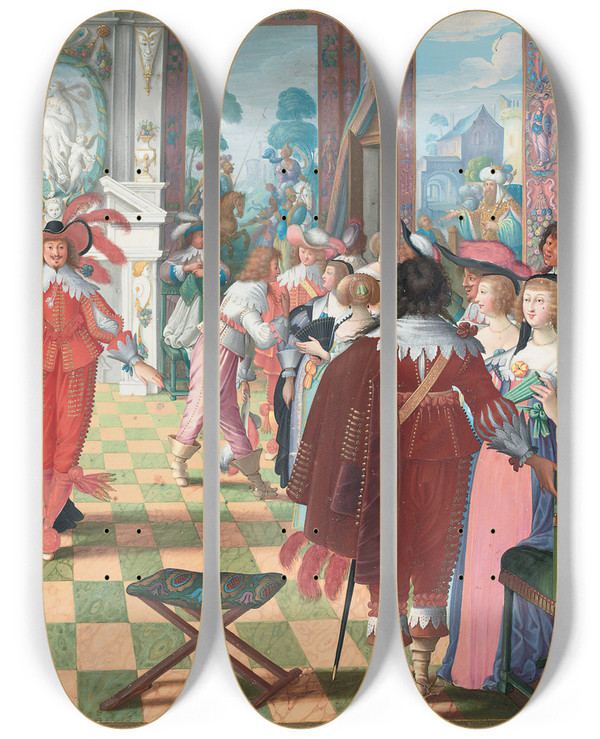 Triptych art skateboard deck of Friedrich Brentel The Ball by Friedrich Brentel (1580-1651)