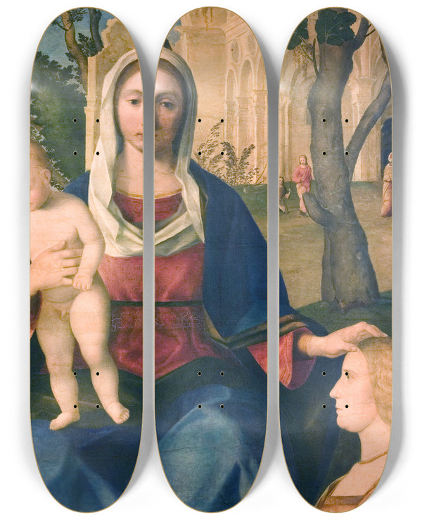 Triptych art skateboard deck of Vincenzo Catena The Virgin And Child With A Male And A Female Donor by Vincenzo Catena (1480-1531)
